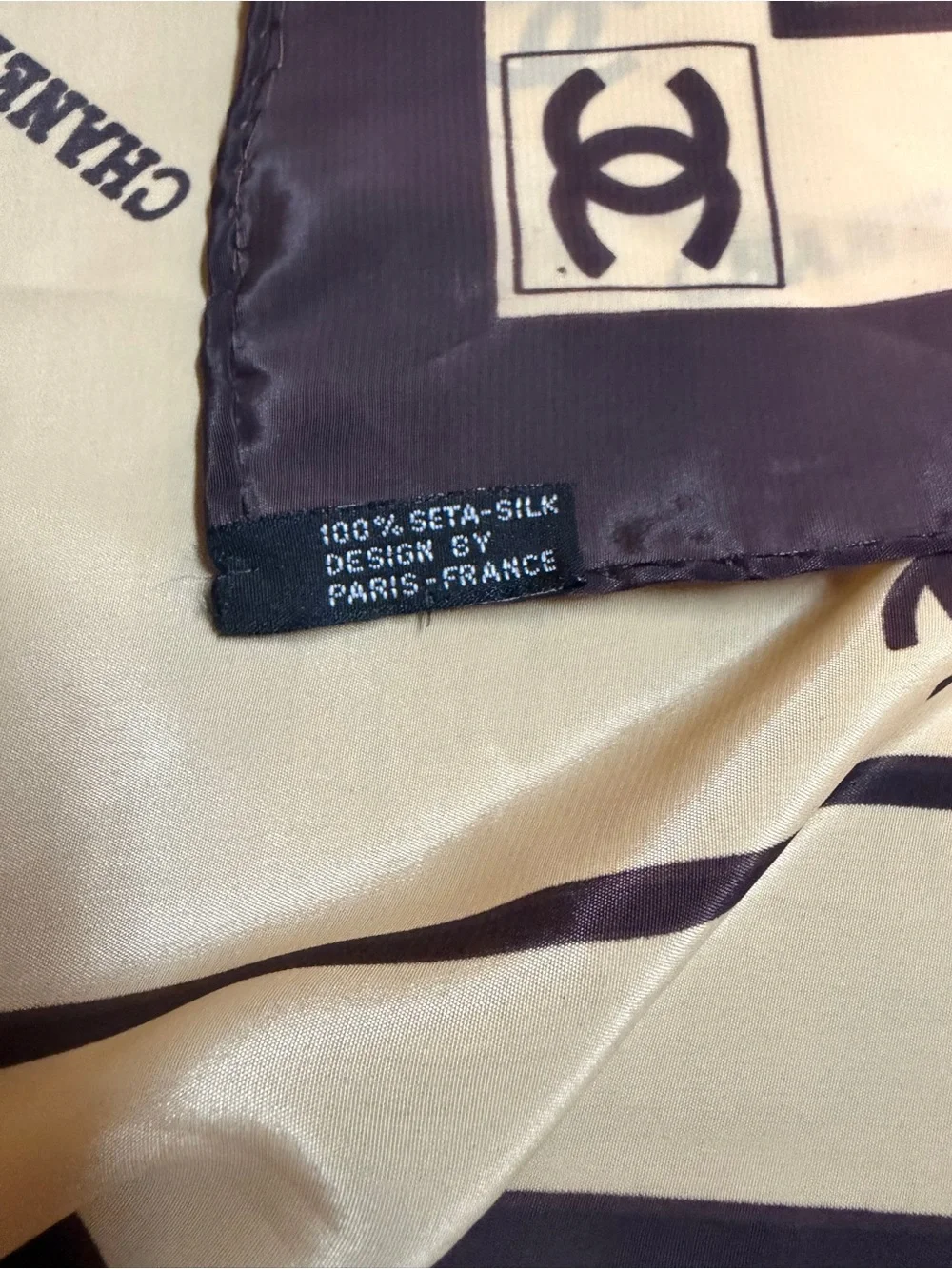 CHANEL Logo Print Scarf Beige Black Vintage Luxury Fashion Accessory